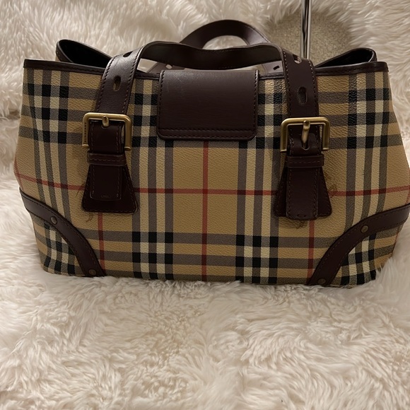 Authentic Burberry Haymarket Check Canvas Buckle Handbag Brown - Picture 4 of 17